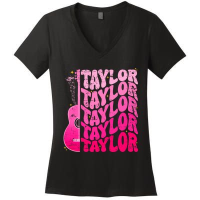 I Love Taylor Retro 80s Themes Retro First Name Personalized Groovy 80s Pink Women's V-Neck T-Shirt