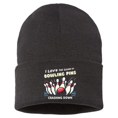 I Love The Sound Of Bowling Pins Crashing Down Funny Bowling Cool Gift Sustainable Knit Beanie