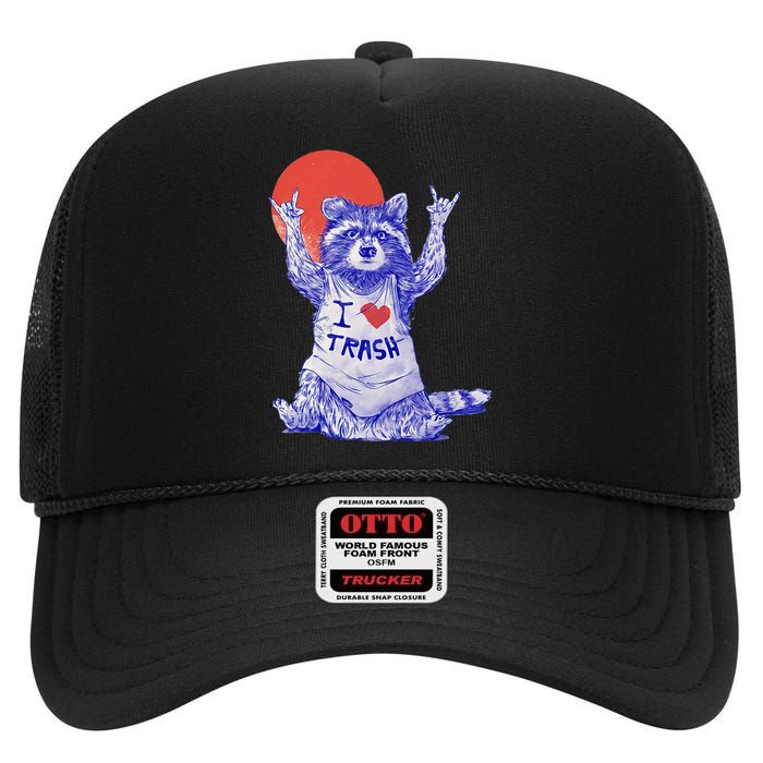 I Love Trash Raccoon Japanese Retro Style High Crown Mesh Back Trucker Hat