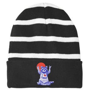 I Love Trash Raccoon Japanese Retro Style Striped Beanie with Solid Band