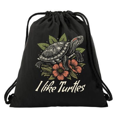 I Like Turtles Red-Eared Slider Lover Reptile Floral Funny Drawstring Bag