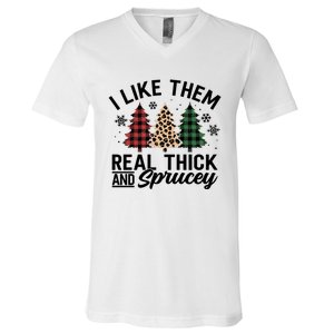 I Like Them Thick And Sprucey Xmas Plaid Leopard Christmas Great Gift V-Neck T-Shirt