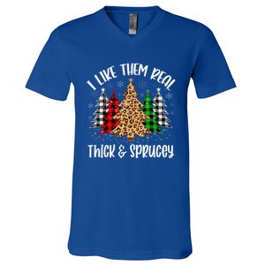 I Like Them Thick And Sprucey Xmas Plaid Leopard Christmas Great Gift V-Neck T-Shirt