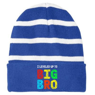 I Leveled Up To Big Bro Funny Gamer Brother Gift Striped Beanie with Solid Band