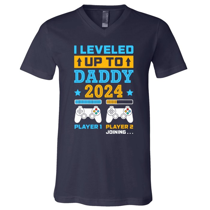 I Leveled Up To Daddy Est 2024 Soon To Be Dad Birthday Gamer V-Neck T-Shirt