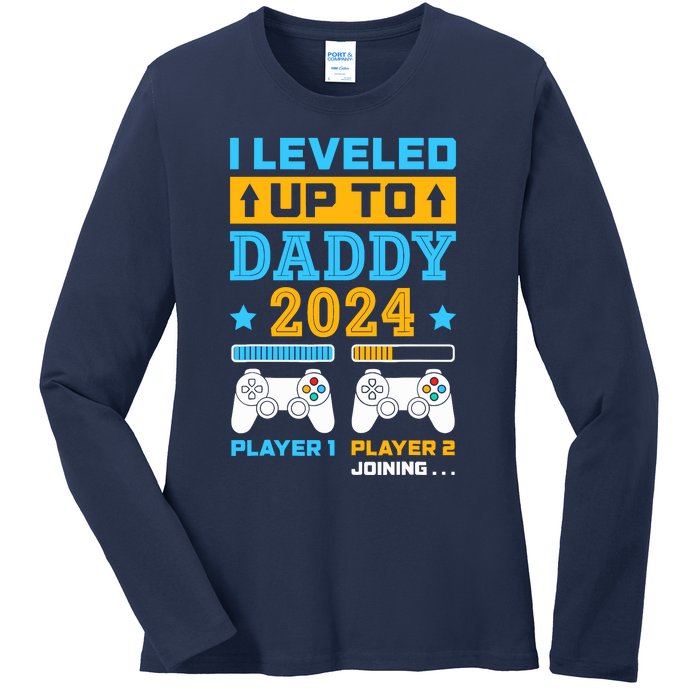 I Leveled Up To Daddy Est 2024 Soon To Be Dad Birthday Gamer Ladies Long Sleeve Shirt