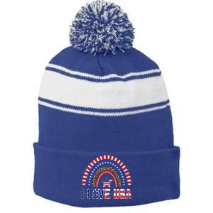 I Love Usa American Flag Rainbow Funny Gift Stripe Pom Pom Beanie