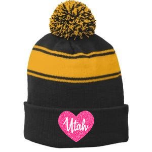 I Love Utah USA State Pink Heart Gift For Women Stripe Pom Pom Beanie