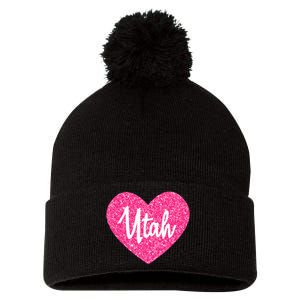 I Love Utah USA State Pink Heart Gift For Women Pom Pom 12in Knit Beanie