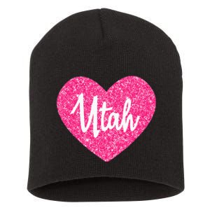 I Love Utah USA State Pink Heart Gift For Women Short Acrylic Beanie