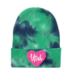 I Love Utah USA State Pink Heart Gift For Women Tie Dye 12in Knit Beanie