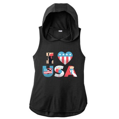 I Love USA Patriotic American Flag I heart USA 4th of July Ladies PosiCharge Tri-Blend Wicking Draft Hoodie Tank