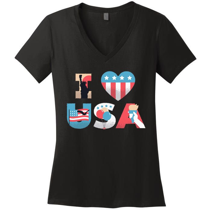 I Love USA Patriotic American Flag I heart USA 4th of July Women's V-Neck T-Shirt