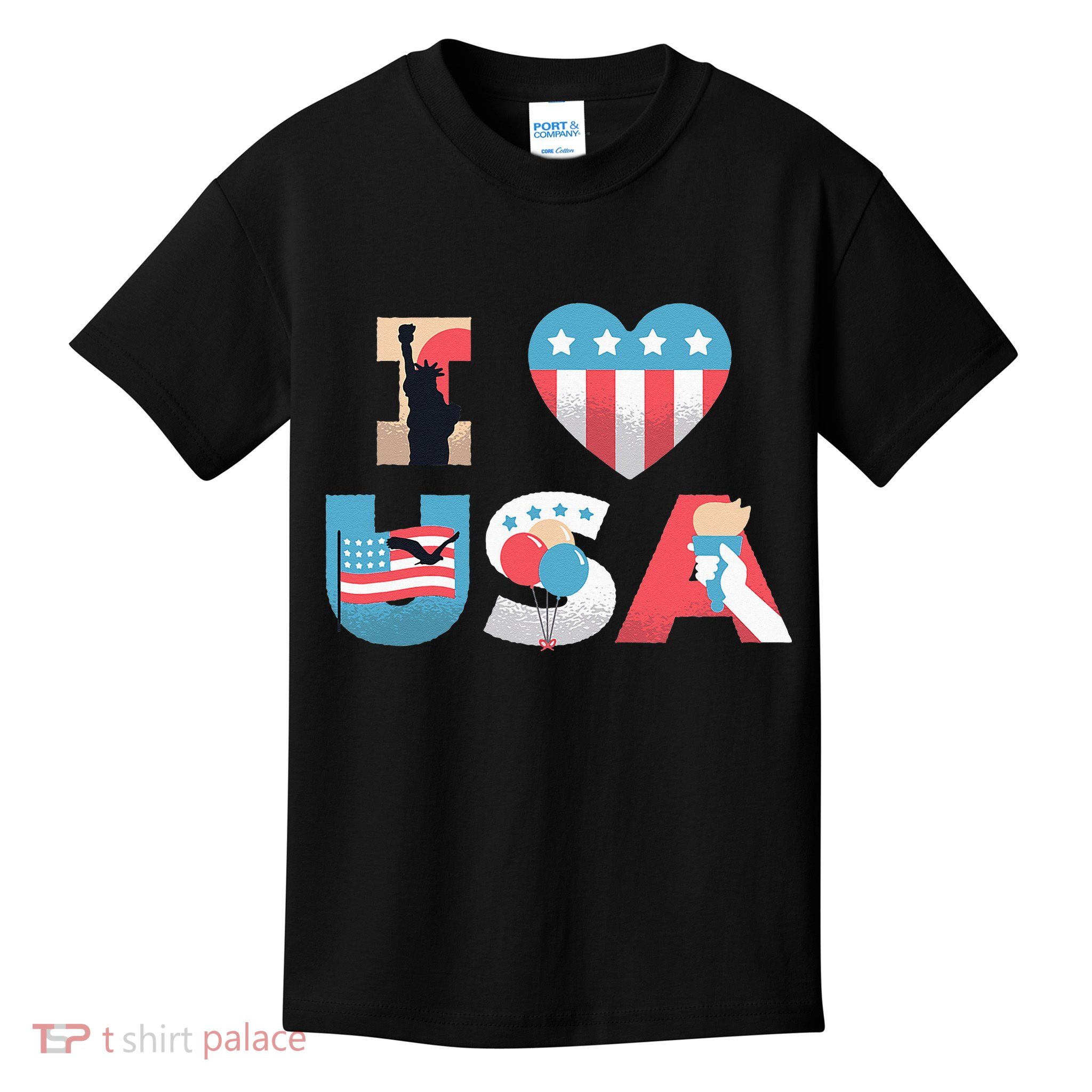 I Love USA Patriotic American Flag I heart USA 4th of July Kids T-Shirt