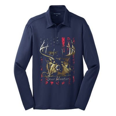 I LOVE USA American Flag And Deer Hunter Silk Touch Performance Long Sleeve Polo