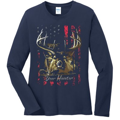 I LOVE USA American Flag And Deer Hunter Ladies Long Sleeve Shirt