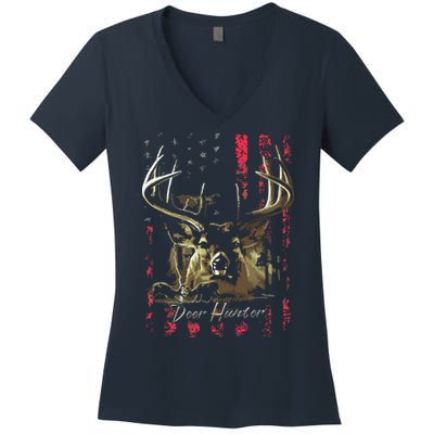 I LOVE USA American Flag And Deer Hunter Women's V-Neck T-Shirt