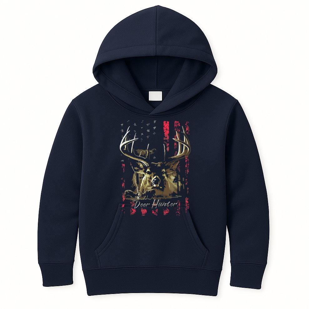 I LOVE USA American Flag And Deer Hunter Kids Hoodie