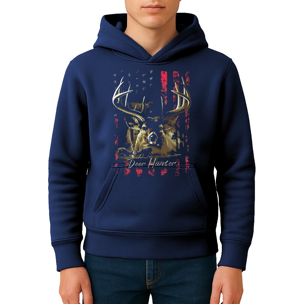 I LOVE USA American Flag And Deer Hunter Kids Hoodie
