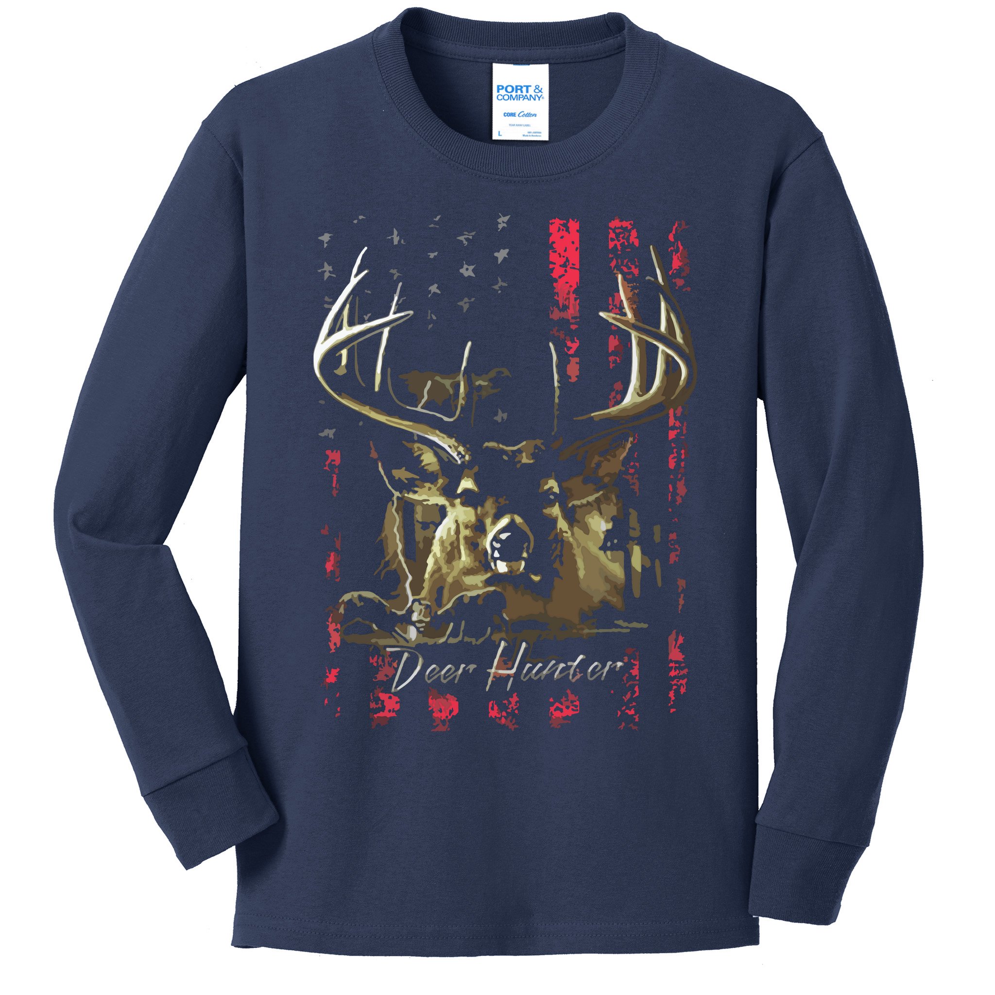 I LOVE USA American Flag And Deer Hunter Kids Long Sleeve Shirt