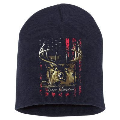 I LOVE USA American Flag And Deer Hunter Short Acrylic Beanie