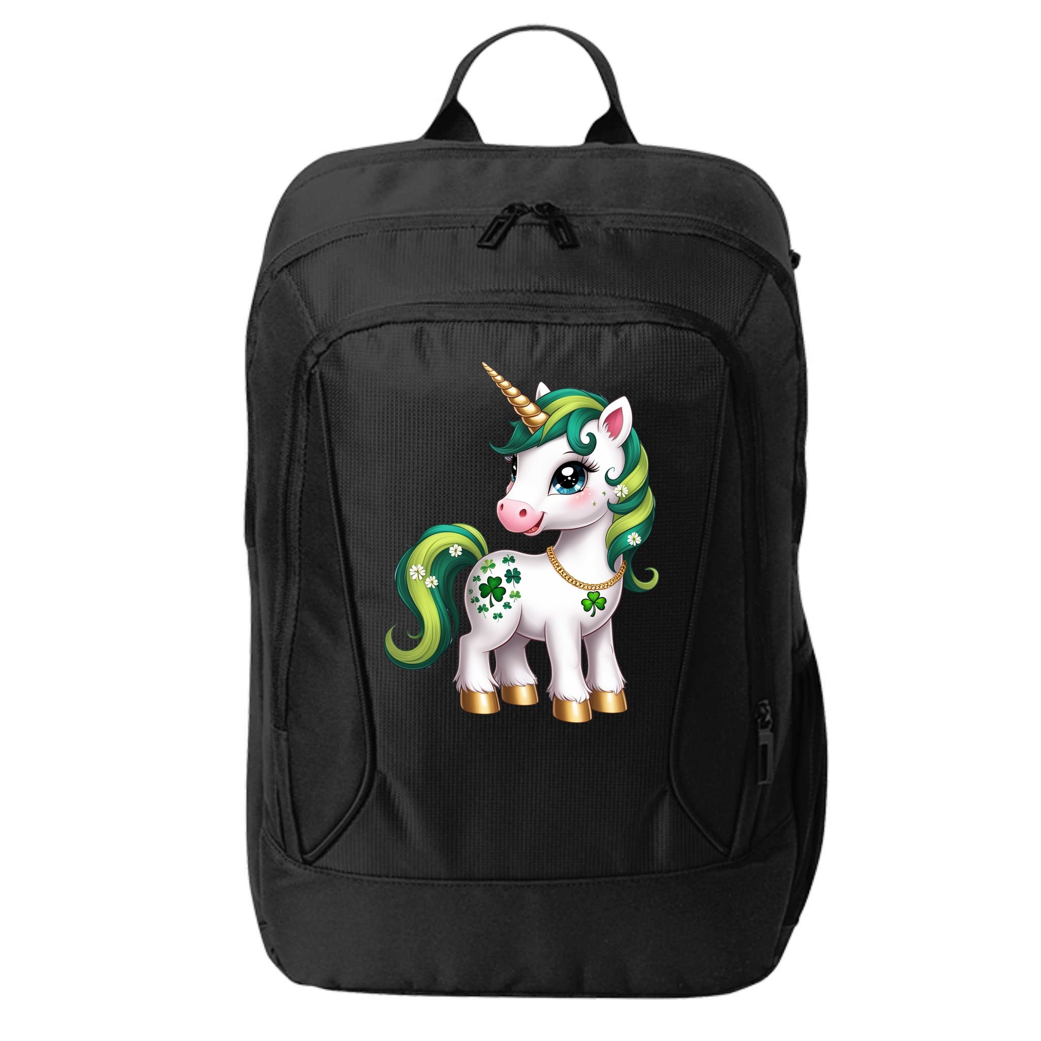 Irish Luck Unicorn – Golden Horn and Shamrock Design City Backpack