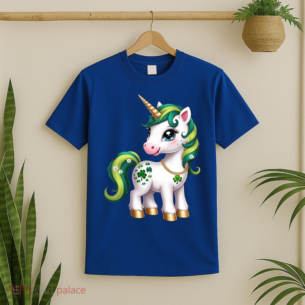 Irish Luck Unicorn – Golden Horn and Shamrock Design T-Shirt