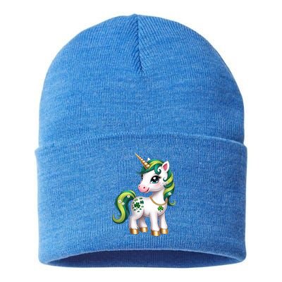 Irish Luck Unicorn – Golden Horn and Shamrock Design Sustainable Knit Beanie