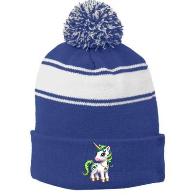 Irish Luck Unicorn – Golden Horn and Shamrock Design Stripe Pom Pom Beanie