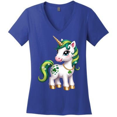 Irish Luck Unicorn – Golden Horn and Shamrock Design Women's V-Neck T-Shirt
