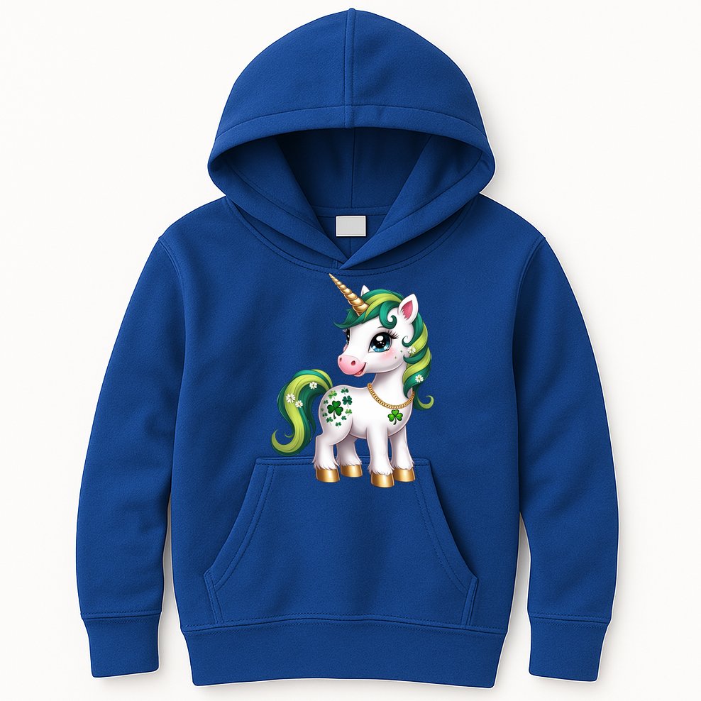 Irish Luck Unicorn – Golden Horn and Shamrock Design Kids Hoodie