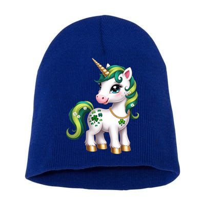 Irish Luck Unicorn – Golden Horn and Shamrock Design Short Acrylic Beanie