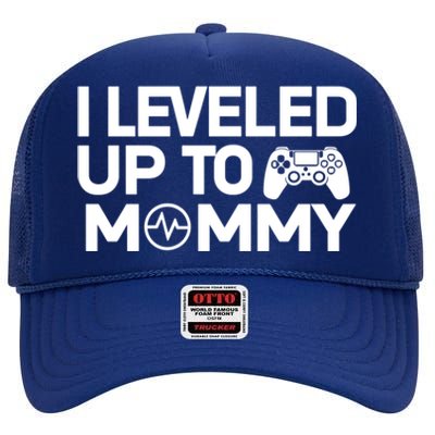 I Leveled Up To Mommy Gamer Heartbeat Soon To Be Mom Gift High Crown Mesh Back Trucker Hat