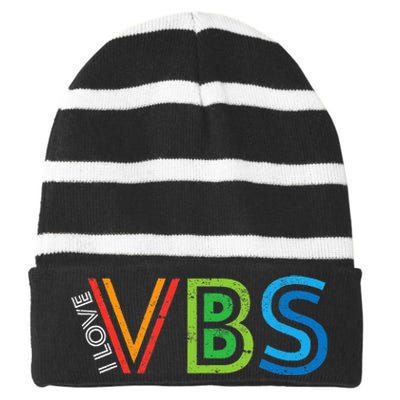 I Love Vbs Vacation Bible School Crew Church Summer Striped Beanie with Solid Band