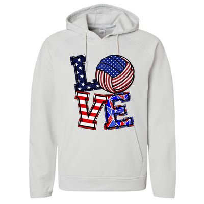 I Love Volleyball American Flag Teen Girl Performance Fleece Hoodie