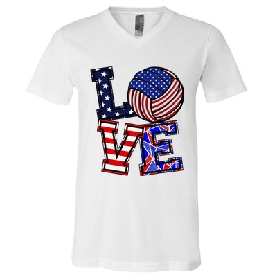 I Love Volleyball American Flag Teen Girl V-Neck T-Shirt