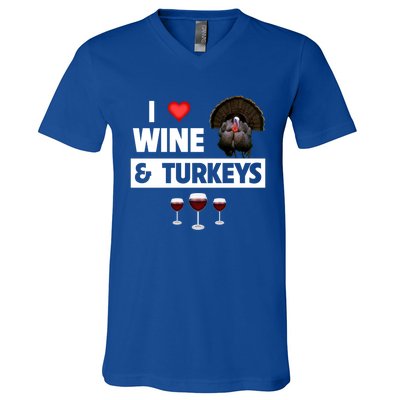 I Love Wine And Turkeys Bird Watching Ing Thanksgiving Gift V-Neck T-Shirt