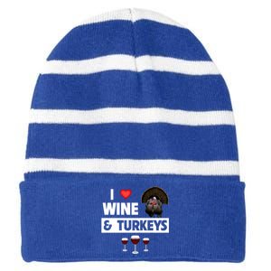 I Love Wine And Turkeys Bird Watching Ing Thanksgiving Gift Striped Beanie with Solid Band