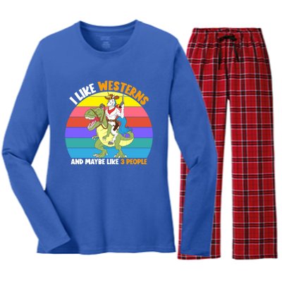 I Like Westerns And Maybe 3 People Unicorn Riding Dinosaur Gift Women's Long Sleeve Flannel Pajama Set 