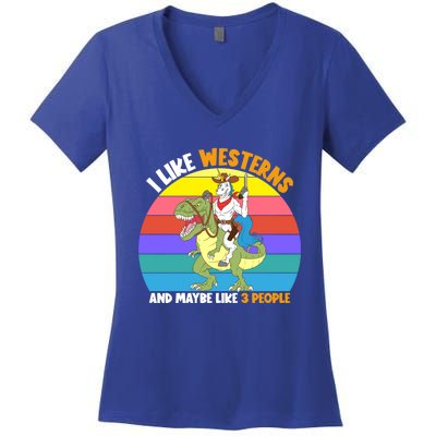 I Like Westerns And Maybe 3 People Unicorn Riding Dinosaur Gift Women's V-Neck T-Shirt