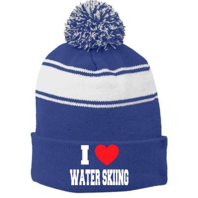 I Love Water Skiing Cool Gift Stripe Pom Pom Beanie