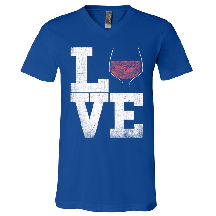 I Love Wine Red Wine Glass Heart Meaningful Gift Wine Er Distressed Funny Gift V-Neck T-Shirt