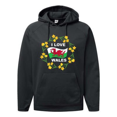 I Love Wales Welsh Dragon With Daffodils Performance Fleece Hoodie