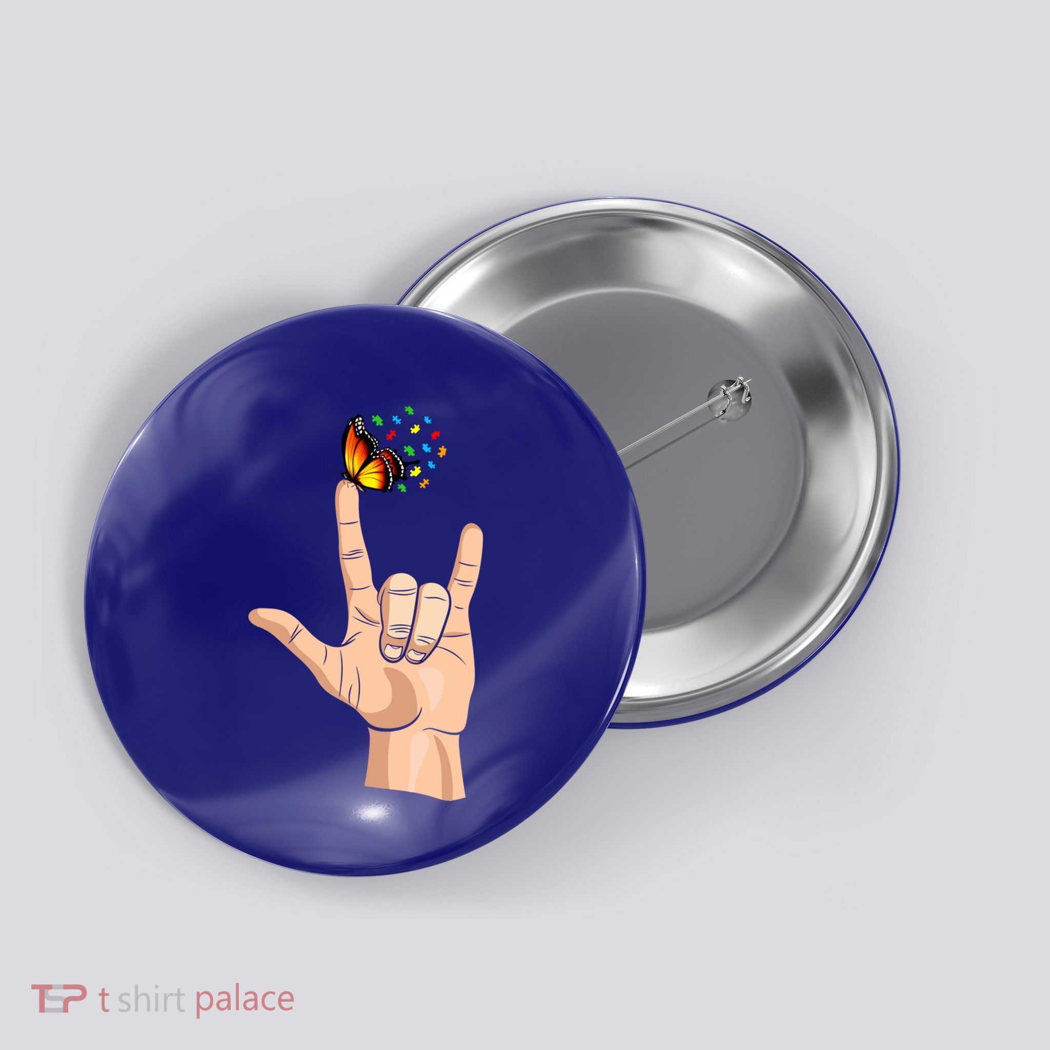 I Love You Hand Sign Language Butterfly Autism Awareness Gift Button