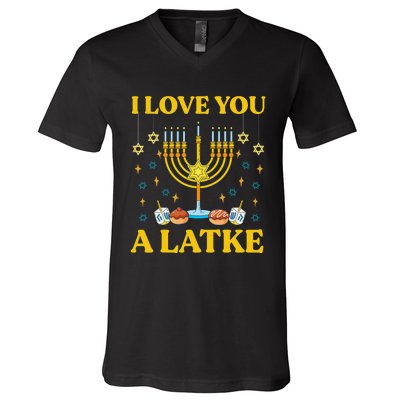 I Love You A Latke Funny Jewish Pun Hanukkah Chanukah  V-Neck T-Shirt