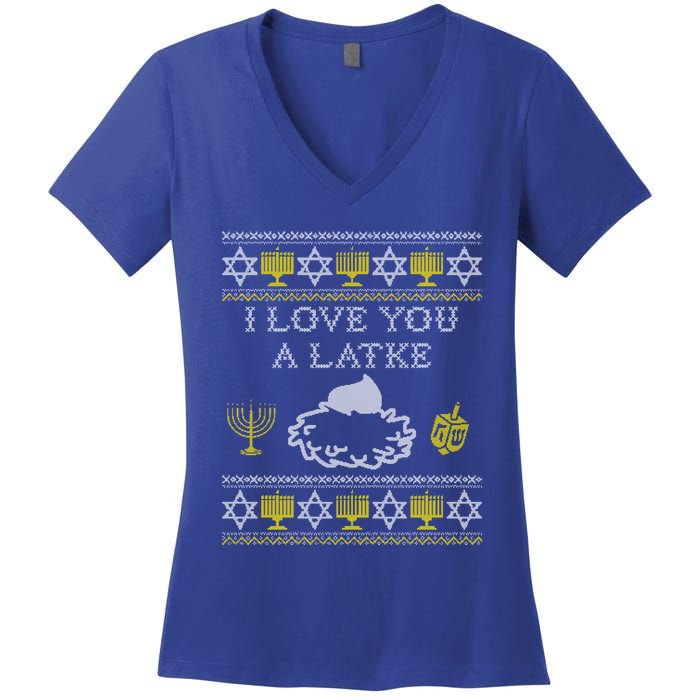 I Love You A Latke Great Gift Funny Chanukah Funny Gift Hanukkah Great Gift Women's V-Neck T-Shirt