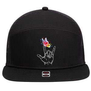 I Love You Hand Sign Language Butterfly Autism Awareness Gift 7 Panel Mesh Trucker Snapback Hat