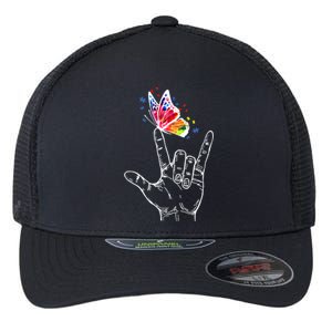 I Love You Hand Sign Language Butterfly Autism Awareness Gift Flexfit Unipanel Trucker Cap