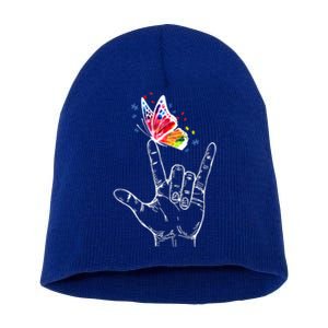 I Love You Hand Sign Language Butterfly Autism Awareness Gift Short Acrylic Beanie