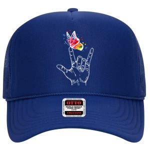 I Love You Hand Sign Language Butterfly Autism Awareness Gift High Crown Mesh Back Trucker Hat